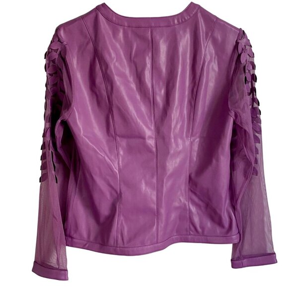Colleen Lopez Purple Mesh Jacket Leaf Pattern and Faux Leather Women's XS NEW - Picture 8 of 13